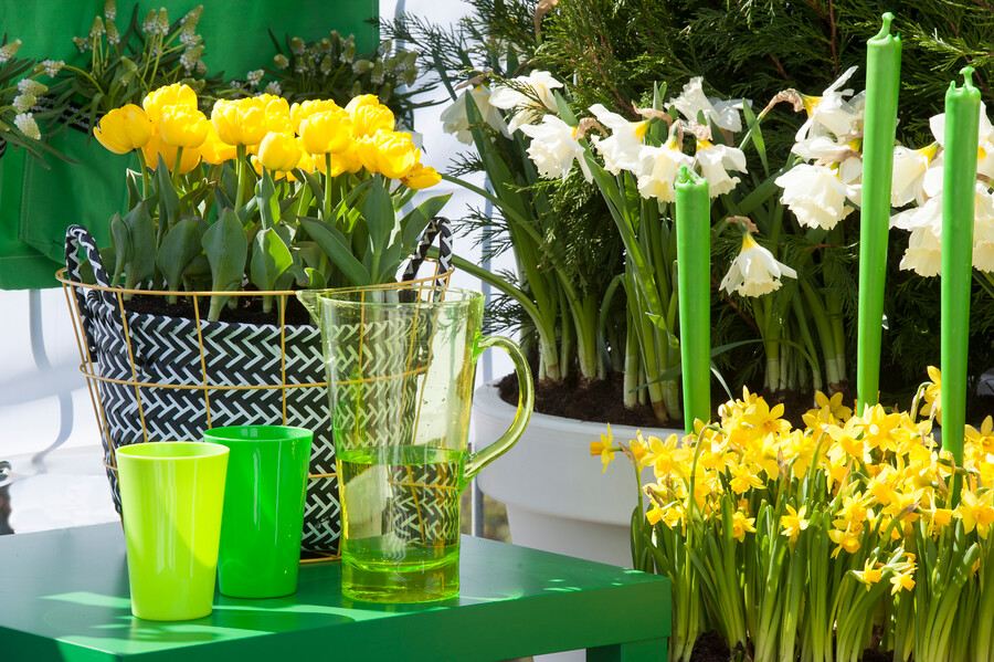 a table with yellow flowers and green cups